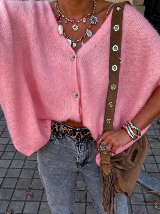 Gentle Pink Casual Women's V-Neck Button Short Sleeve Oversized Knit Cardigan - Picture 4 of 10